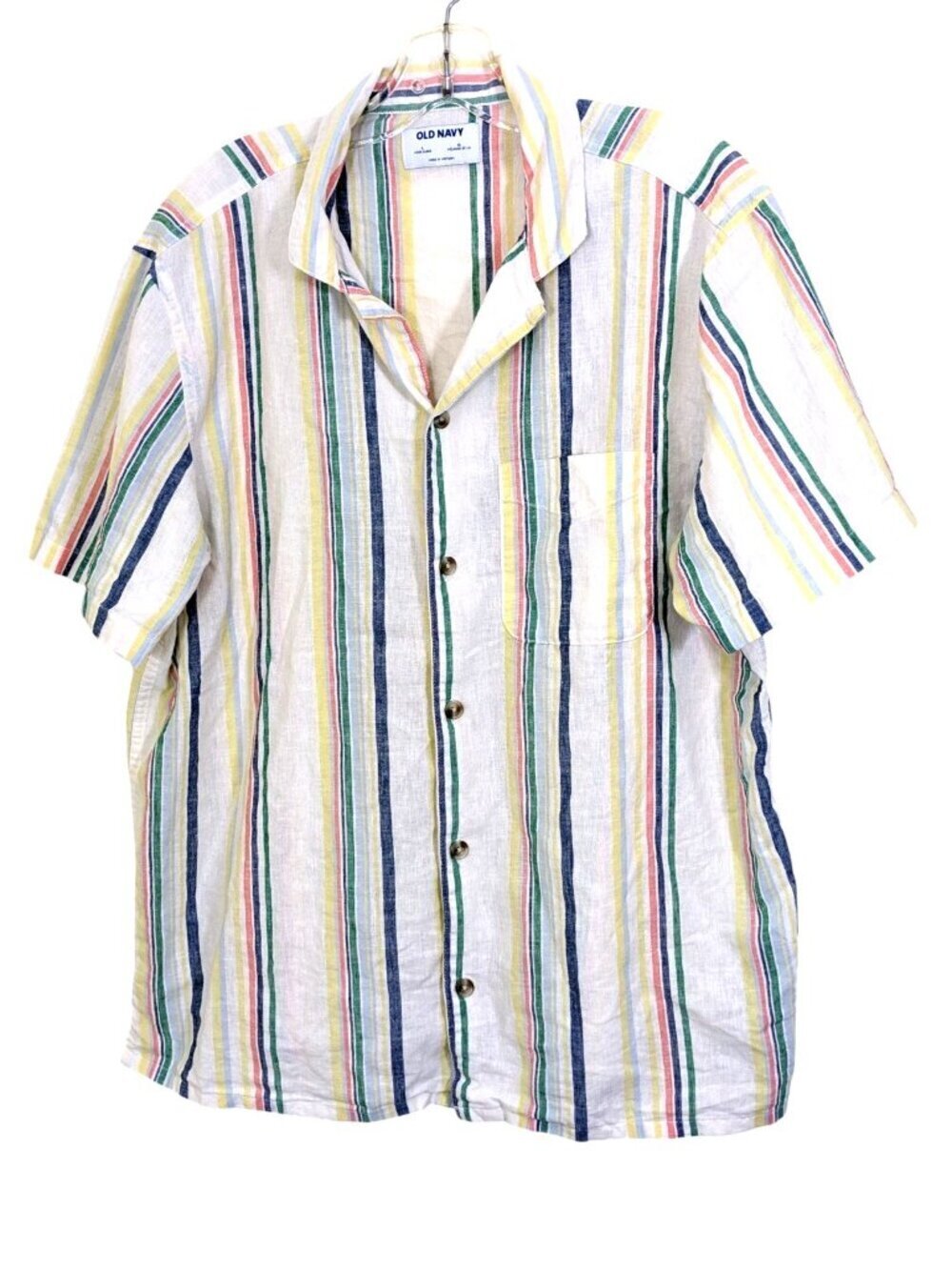 Old Navy Linen Blend Striped Camp Shirt Short Sleeve Multicolor Boho Mens Large